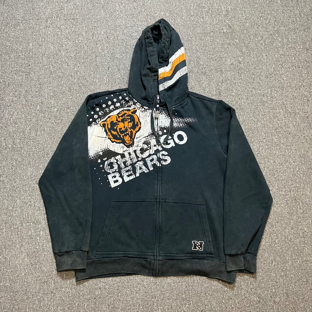 Y2K NFL‎ Pro Line Chicago Bears Hoodie Size L Dark Blue Acid Washed Full Zip